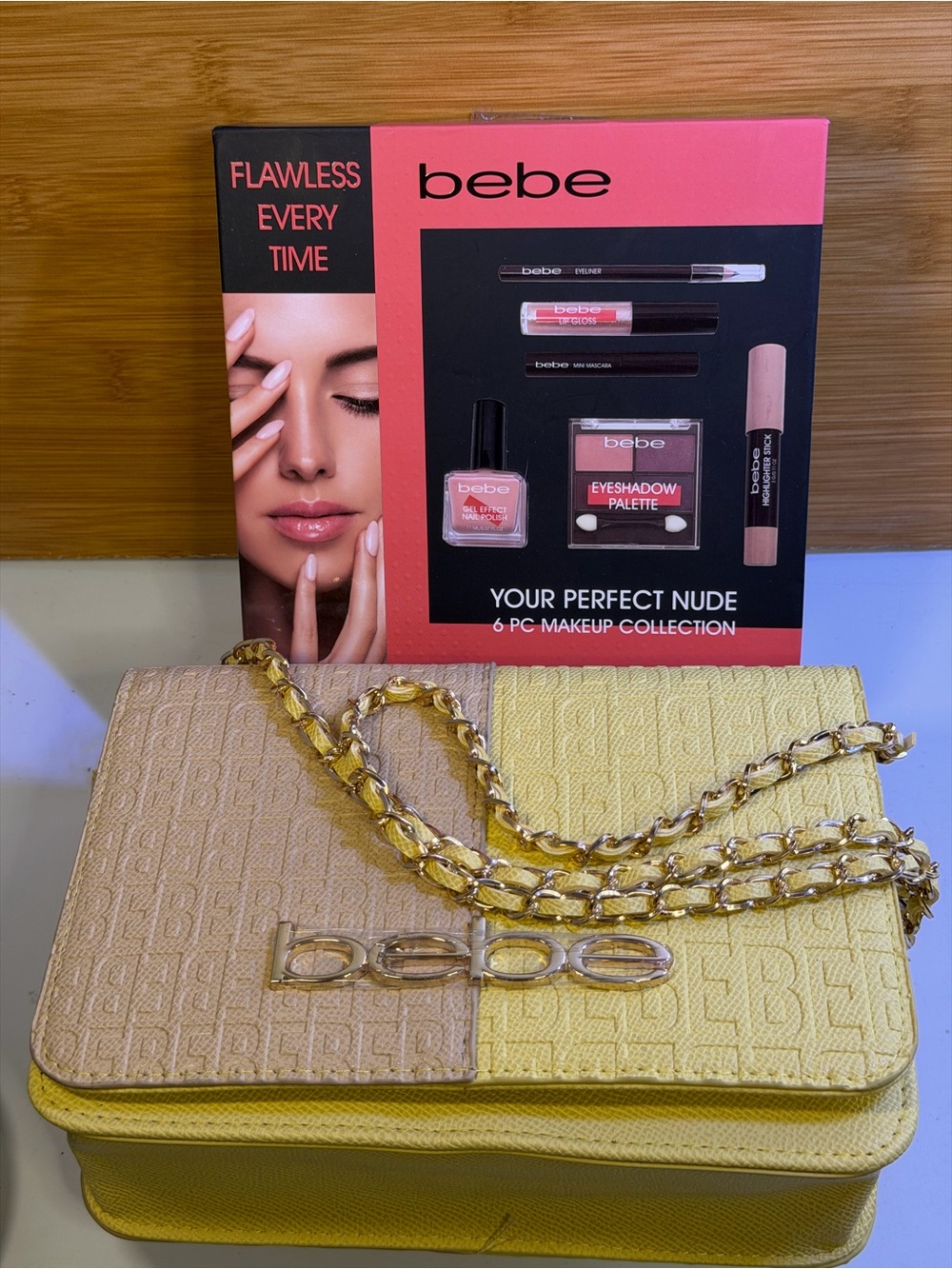 NWT Bebé Large Yellow & Beige Crossbody with Gold Chain strap Free Gift